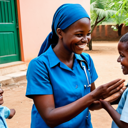 Home 14 A compassionate female community health worker, dressed in a clean, modest uniform, fully clothed, appropriate attire, engaging with a small group of smiling, healthy children and their mothers. The children and mothers are also in modest, appropriate clothing. The scene is set in a brightly lit, clean village health clinic courtyard, with lush greenery in the background and a subtle indication of modern, clean water access. She is demonstrating a positive health practice, fostering an atmosphere of optimism and community empowerment. Professional photography, high quality, vivid colors, perfect anatomy, correct proportions, natural pose, well-formed hands, proper finger count, natural body proportions. Safe for work, appropriate content, fully clothed, modest, family-friendly.