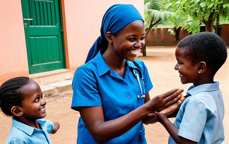 A compassionate female community health worker, dressed in a clean, modest uniform, fully clothed, appropriate attire, engaging with a small group of smiling, healthy children and their mothers. The children and mothers are also in modest, appropriate clothing. The scene is set in a brightly lit, clean village health clinic courtyard, with lush greenery in the background and a subtle indication of modern, clean water access. She is demonstrating a positive health practice, fostering an atmosphere of optimism and community empowerment. Professional photography, high quality, vivid colors, perfect anatomy, correct proportions, natural pose, well-formed hands, proper finger count, natural body proportions. Safe for work, appropriate content, fully clothed, modest, family-friendly.