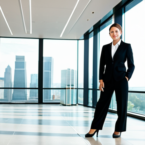 Home 7 **
"A professional businesswoman in a modest, tailored black business suit, standing confidently in a modern office lobby with glass walls and cityscape background, fully clothed, appropriate attire, safe for work, perfect anatomy, natural proportions, professional corporate photography, high quality, bright lighting, family-friendly."
**