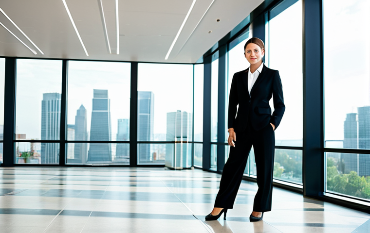 **

"A professional businesswoman in a modest, tailored black business suit, standing confidently in a modern office lobby with glass walls and cityscape background, fully clothed, appropriate attire, safe for work, perfect anatomy, natural proportions, professional corporate photography, high quality, bright lighting, family-friendly."

**