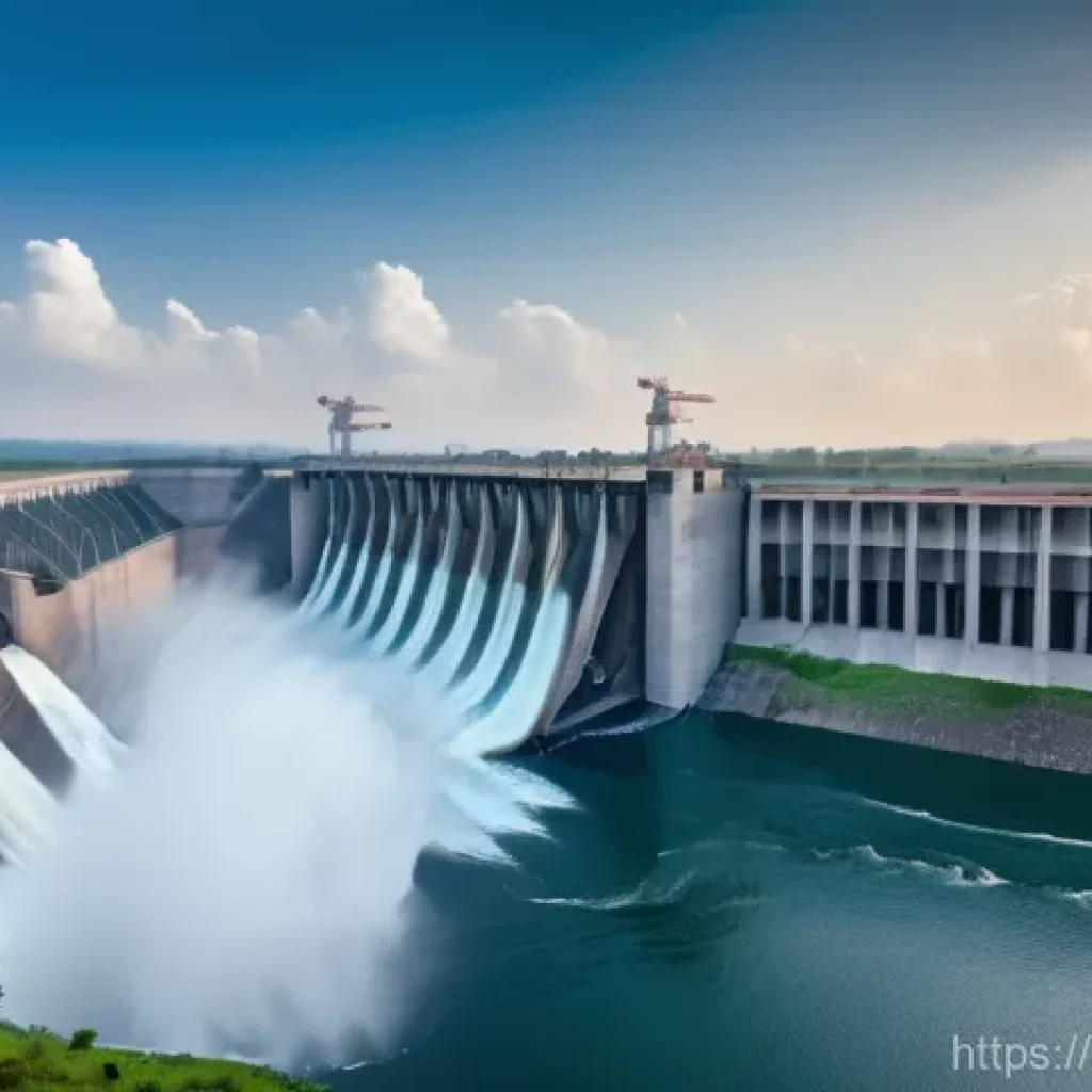 콩고 전력 자원의 발전 현황 - **Prompt:** A panoramic, majestic view of the Grand Inga Dam on the powerful Congo River. The massiv...