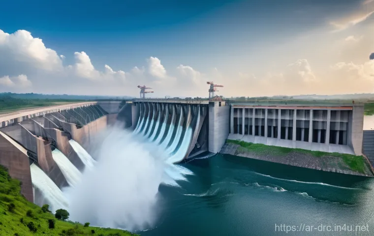 콩고 전력 자원의 발전 현황 - **Prompt:** A panoramic, majestic view of the Grand Inga Dam on the powerful Congo River. The massiv...