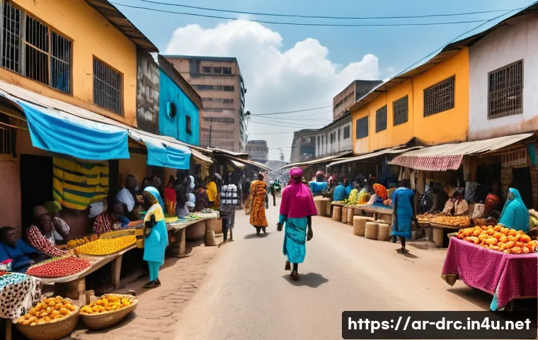 콩고 민주 공화국 가는 방법 - A vibrant street scene in Kinshasa, Democratic Republic of Congo, showcasing a bustling local market...