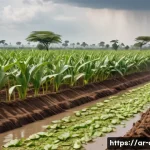 콩고의 주요 기후와 날씨 변화 - A detailed scene of Congolese farmers working in a drought-affected field during late afternoon, wea...