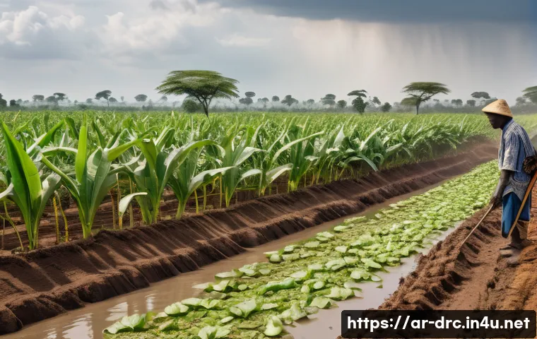 콩고의 주요 기후와 날씨 변화 - A detailed scene of Congolese farmers working in a drought-affected field during late afternoon, wea...