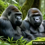 비룽가 국립공원의 고릴라 탐험 - A serene scene deep in the Virunga rainforest at dawn, featuring a gentle mountain gorilla family re...