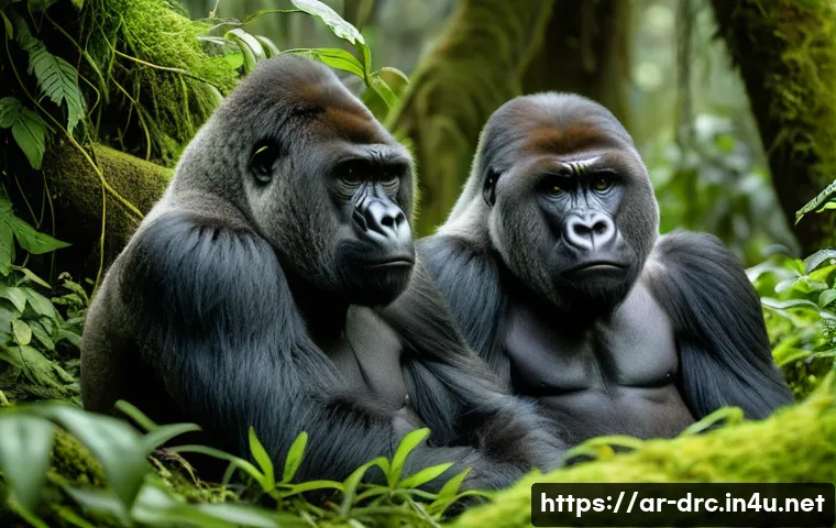 비룽가 국립공원의 고릴라 탐험 - A serene scene deep in the Virunga rainforest at dawn, featuring a gentle mountain gorilla family re...
