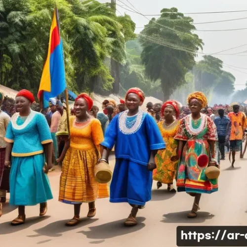 콩고 민주 공화국 독립기념일 - A vibrant street scene in a Congolese village during a national independence celebration, featuring ...