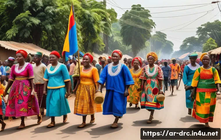 콩고 민주 공화국 독립기념일 - A vibrant street scene in a Congolese village during a national independence celebration, featuring ...