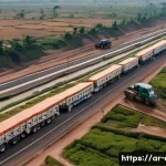 콩고 민주 공화국과 주변국 관계 - A detailed aerial view of a bustling border trade zone between the Democratic Republic of Congo and ...