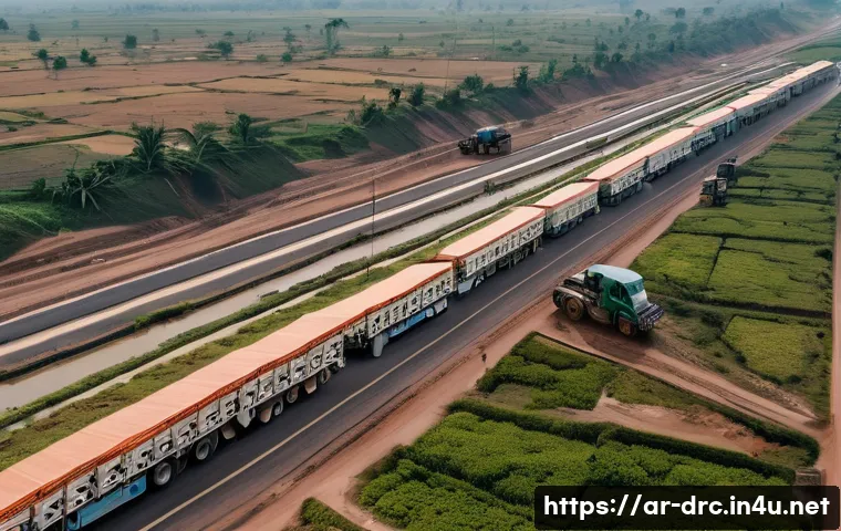 콩고 민주 공화국과 주변국 관계 - A detailed aerial view of a bustling border trade zone between the Democratic Republic of Congo and ...