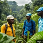 콩고 밀렵 방지 노력과 성과 - A vibrant scene depicting a local Congolese community group actively participating in wildlife prote...