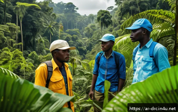 콩고 밀렵 방지 노력과 성과 - A vibrant scene depicting a local Congolese community group actively participating in wildlife prote...
