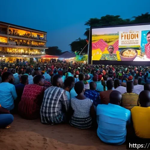 콩고 영화 산업과 주요 감독 - A vibrant Congolese film festival scene set outdoors in Kinshasa at dusk, featuring diverse filmmake...