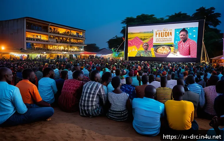 콩고 영화 산업과 주요 감독 - A vibrant Congolese film festival scene set outdoors in Kinshasa at dusk, featuring diverse filmmake...
